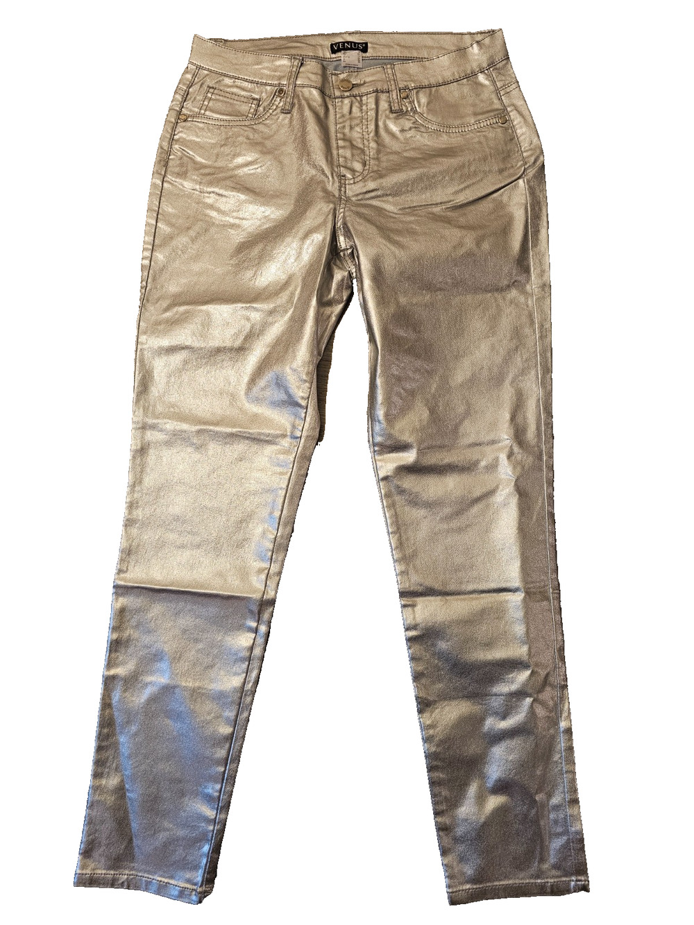 NWOT Venus Womens Silver Metallic Stretch Skinny Straight Leg Pants Size 8